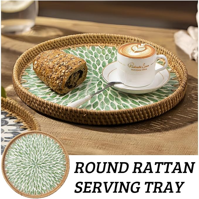 Round Rattan Tray with Mother of Pearl Inlay, Decorative Wicker Serving Tray with Wooden Base, Woven Basket Trays for Bread Fruits Coffee, Leaf