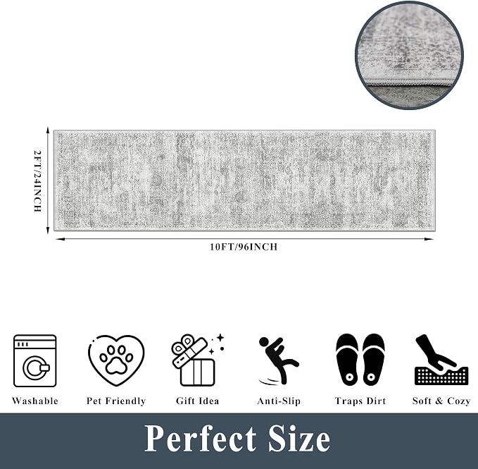 2x10 Runner Rug Non-Slip Washable Kitchen, Vintage Boho Carpet with Rubber Backing for Hallway Entryway Hall Holiday Farmhouse Neutral Cream Long Runners (Grey/Ivory,2'x10')
