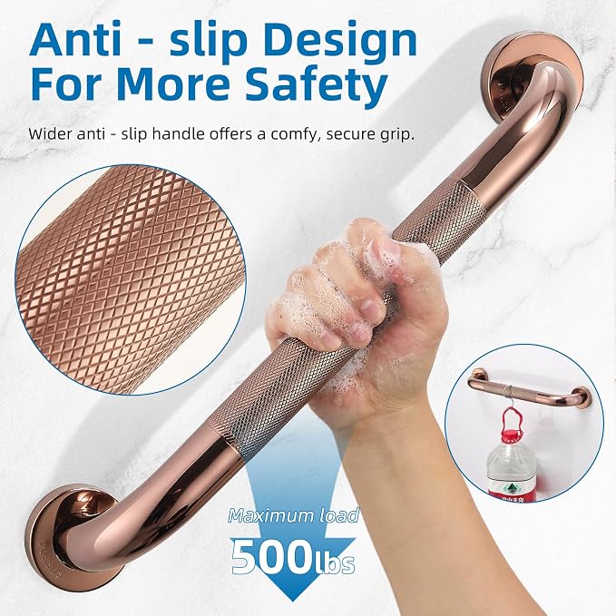 Grab Bars for Shower, Zynuhmo 2 Pack 16 Inch Anti Slip Stainless Steel Bathroom Safety Shower Grab Bar Handrails for Handicap Injury Pregnant Senior Assist Shower Handles(Rose Gold, 1.25" Diameter)