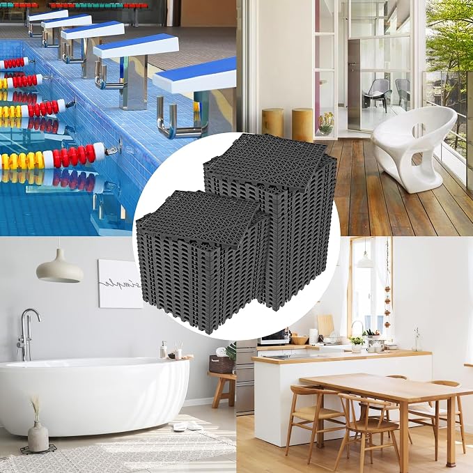 ToLanbbt Modular Interlocking Cushion 48P 11.8" x 11.8" Interlocking Rubber Floor Drain Holes Non-Slip Splicing Drainage Mats for Deck, Shower, Kitchen, Drain Pool, Sauna Bath, Indoor Outdoor (Black)
