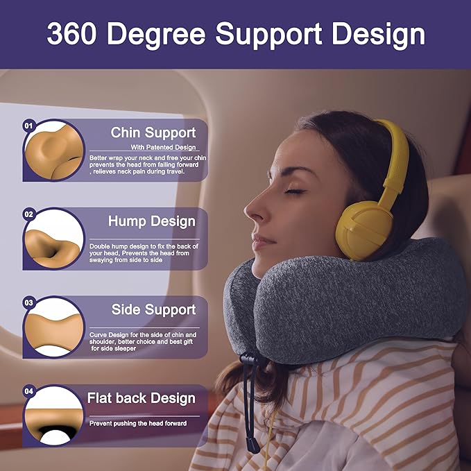 napfun Neck Pillow for Traveling, Upgraded Travel Neck Pillow for Airplane 100% Pure Memory Foam Travel Pillow for Flight Headrest Sleep, Portable Plane Accessories, Full Grey