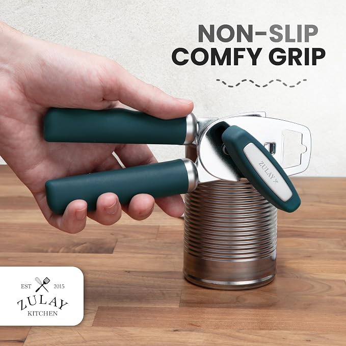 Zulay Kitchen Heavy Duty Stainless Steel Can Opener Manual with Bottle Opener - Rust Proof Manual Can Opener With Turn Knob & Comfy Soft Grip Handles - Green
