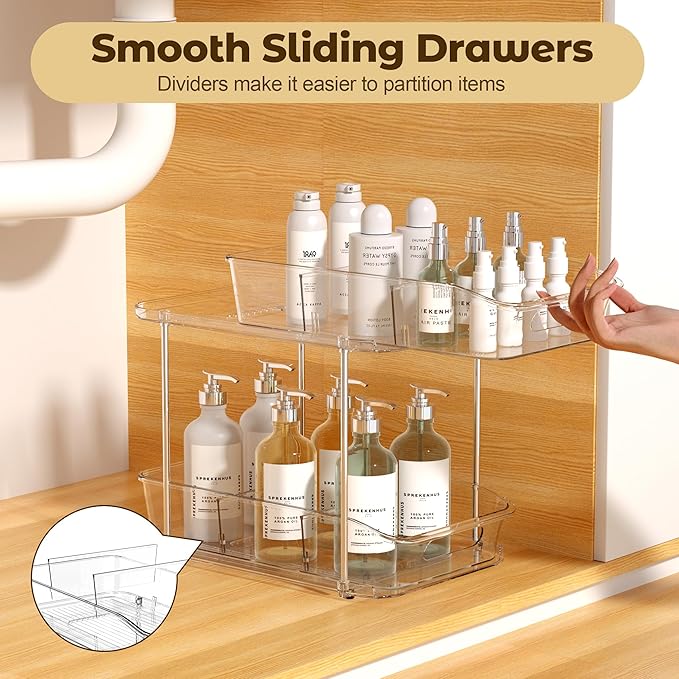 Incostar 2 Tier Pull-Out Organizer for Bathroom Kitchen, Under Sink Storage with Dividers, Ideal for Cabinet, Cupboard Organization, Slide-Out Clear Storage, 2 Pack