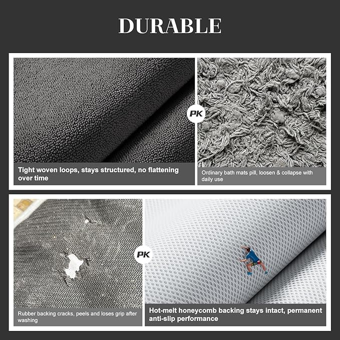 MontVoo Quick Dry Bath Mat, Super Absorbent Bathroom Rug, 3D Honeycomb Mesh Base Non Slip Bath Mats for Bathroom, Machine Washable Low Pile Bath Rug for Bathtub Front, Shower, Sink, Darkgrey 17"x24"