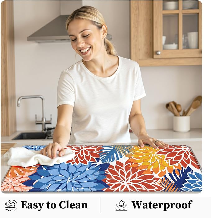 Arenarug Kitchen Mats for Floor 2PCS Cushioned Anti Fatigue Kitchen Mats Waterproof Non Slip Kitchen Mat Rug Set Comfort Foam Standing Mat for Sink, Laundry, Office,17.3" x 28" + 17.3" x 59", Red Blue