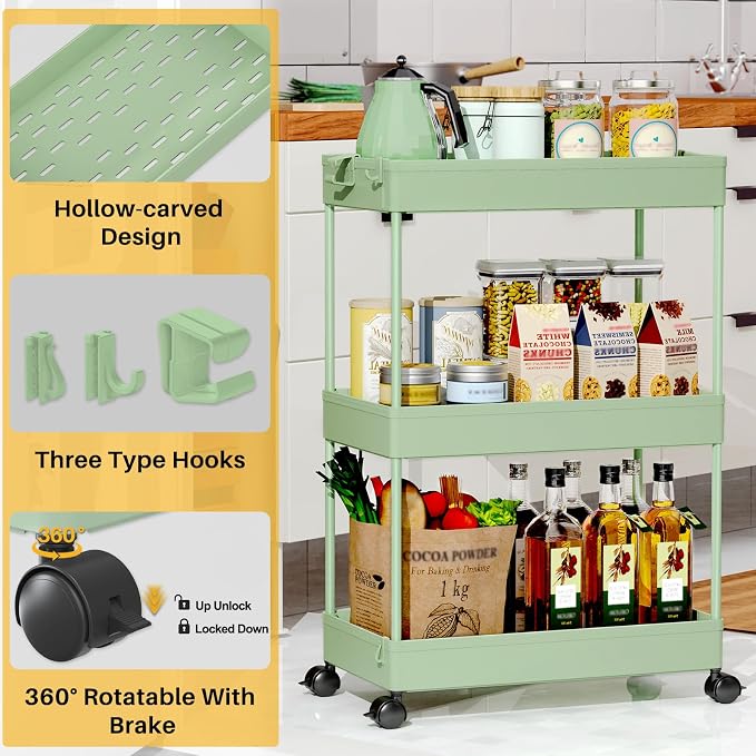 SPACEKEEPER Green 3-Tier Rolling Storage Cart, Bathroom & Kitchen Organizer, Modern Plastic Frame, Adjustable Shelves