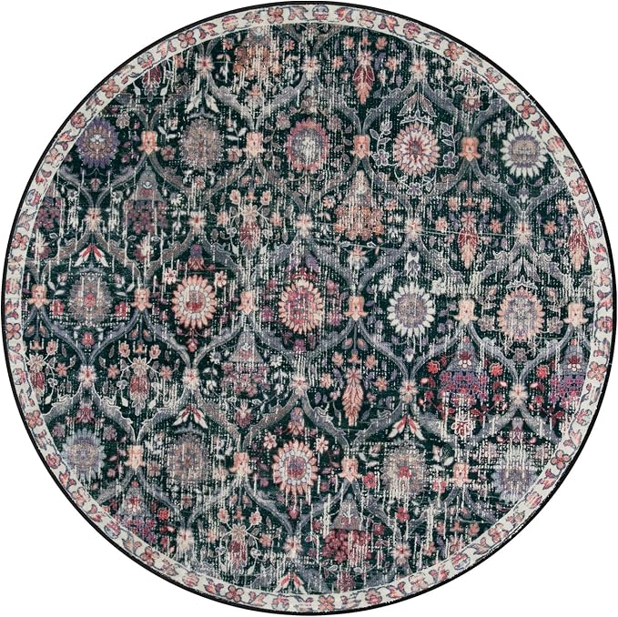 Lahome Moroccan Trellis Washable Round Area Rug, Soft Round Rugs 6ft Ultra-Thin Non-Slip, Vintage Large Circle Carpet for Bedroom Living Room Kitchen Nursery Elise, Black/Multi