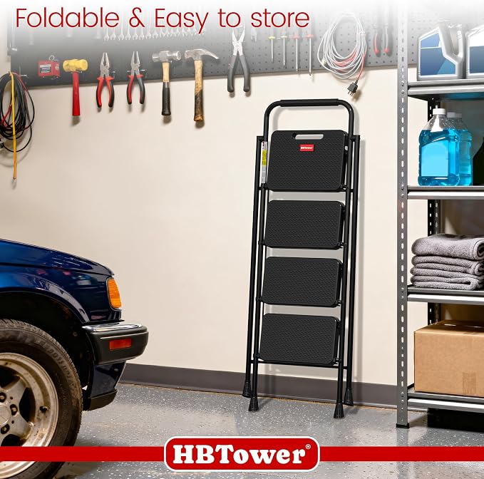 HBTower Step Ladder, 4 Step Ladder Folding Step Stool with Wide Anti-Slip Pedal, Lightweight Ladders for Home, Black