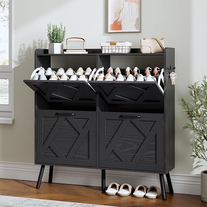 Nicetree Shoe Cabinet with 4 Flip Drawers, Hidden Shoe Rack Cabinet with Metal Legs, Farmhouse Narrow Shoe Storage Cabinet for Entryway, Foyer, Hallway, Black