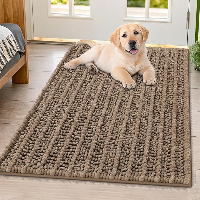 Smiry Dog Door Mat for Muddy Paws 40x32, Absorbent Dirt Trapper, Non-Slip Washable Chenille Entryway Rug for Inside Floor, Camel, Layered Pattern