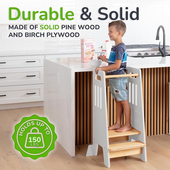 OCODILE Toddler Tower with a Sliding Door and 3 Adjustable Heights - Safe Toddler Kitchen Step Helper with Support Feet - Updated Design for 18+ Months to 6-Year-Old Kids - White