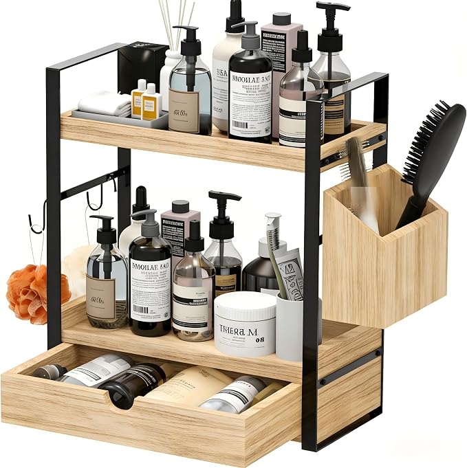 2-Tired Bathroom Counter Organizers and Storage, Bathroom Countertop Organizer with Drawer, Solid Wood Skincare Perfume Organizer for Vanity Kitchen Corner Shelf Office Countertop (Light Brown)