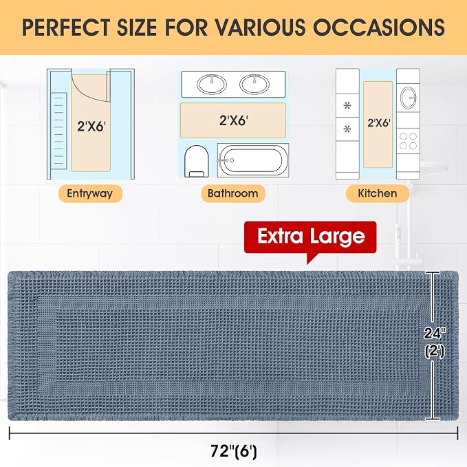 IM HOME Extra Large Waffle Bath Mat, Boho Bathroom Rugs Absorbent Non Slip, Ultra Soft Bathroom Mat, Machine Washable Knit Bath Rugs with Tassels for Bathroom, Bedroom, Kitchen, Shower, 6'x2', Blue