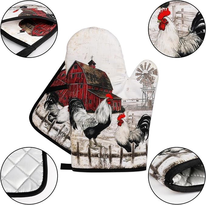 Rooster Print Oven Mitts and Pot Holders Sets of 4 Rustic Chicken Kitchen Mitts Potholders Heat Resistant Farmhouse Cute Oven Gloves Hot Pads for Chicken Kitchen Decor