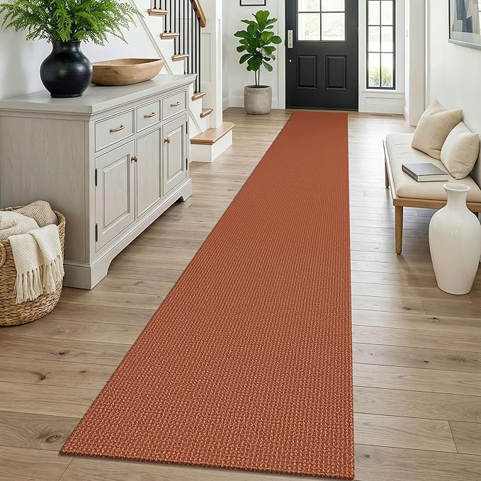 KOZYFLY Orange 2x16 Runners Rugs for Hallway, Extra Long Washable Runner Rug, Woven Non Slip Kitchen Runner, Cotton Entryway Rug, Floor Carpet for Entry, Aisle, Hall, Burnt Orange/Tan