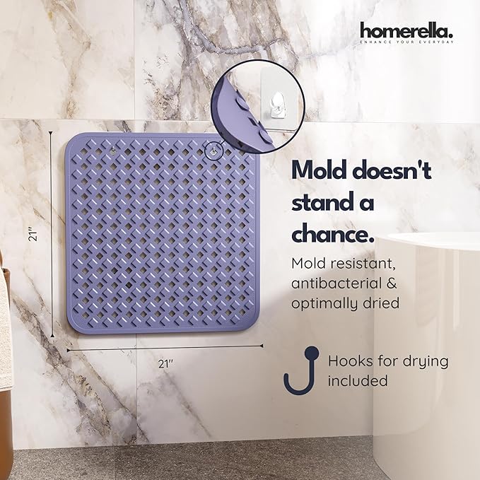 homerella® Shower Mat Non Slip Anti Mold, Non Slip Shower Mats for Inside Shower Stall Anti Slip Mat, Square Shower Floor Mat 21 x 21 in with Suction Cups & Hooks for Quick Drying, Machine Washable