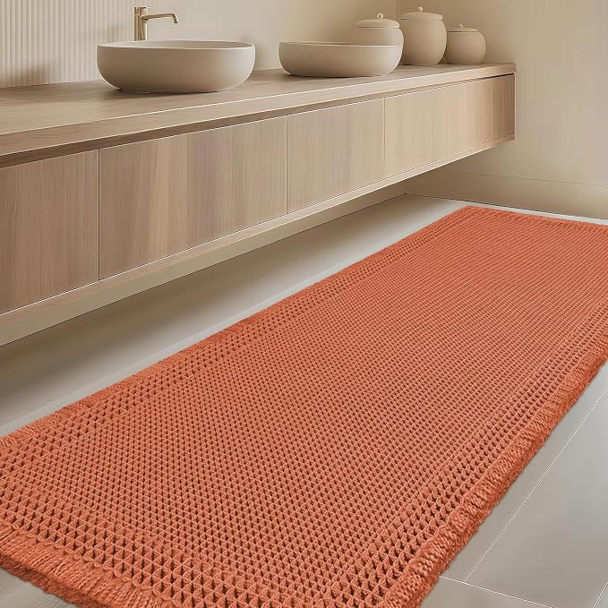 IM HOME Extra Large Waffle Bath Mat, Boho Bathroom Rugs Absorbent Non Slip, Ultra Soft Bathroom Mat,Machine Washable Knit Bath Rug with Border for Bathroom,Bedroom,Kitchen,Shower, 6'x2', Burnt Orange