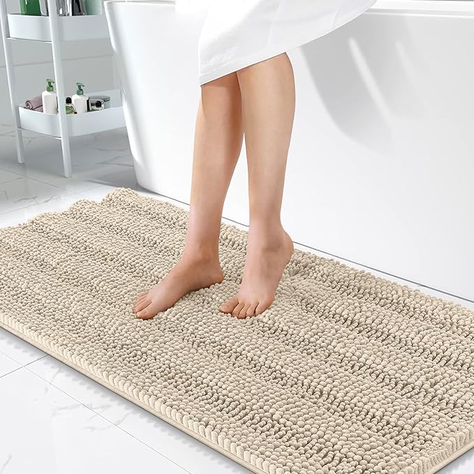 OLANLY Thick Bathroom Runner Rugs 47x24, Extra Absorbent Chenille Striped Bath Rugs, Rubber Backing, Machine Wash Dry, Long Bath Mats for Bathroom Floor, Tub and Shower, Home Decor Accessories, Sand