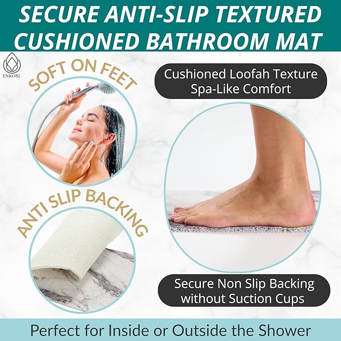 Enkosi Loofah Non-Slip Shower Mat - Shower Floors, Bathtub, Bathrooms, Wet Areas - Cushioned Bath Mat with Drain Holes - Quick Dry PVC, Secure Safety Pad Without Suction Cups (Marble Grey 32x24)