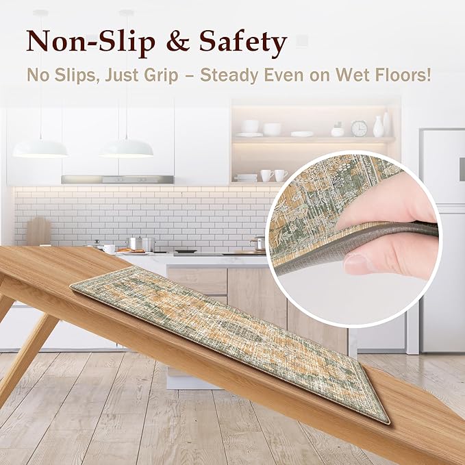 Boho Kitchen Mats for Floor 2 Piece Set Anti Fatigue Cushioned PVC Kitchen Rugs Non Slip Waterproof Farmhouse Mats 2/5 Inch Comfort Standing Mat for Sink, Laundry, 17.3"x47"+17.3"x28", Green Orange