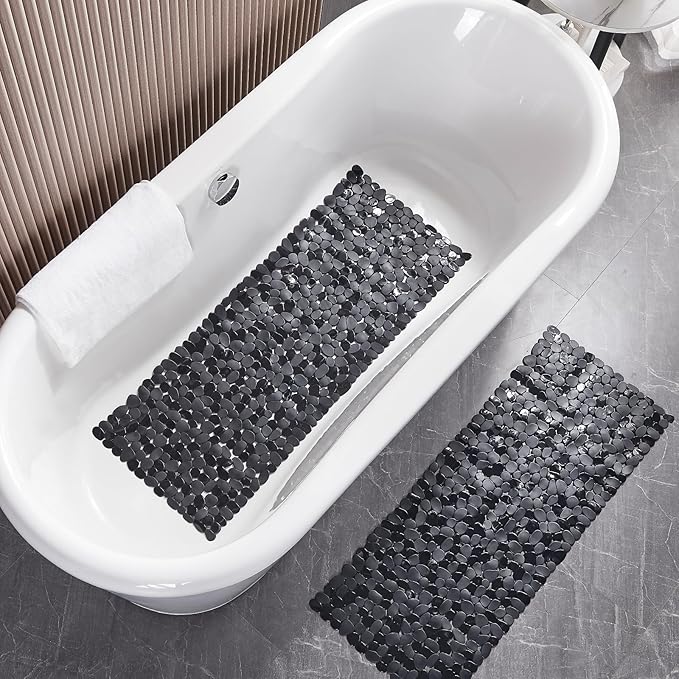 Webos Bath Shower Mat Non Slip: Extra Large Pebble Bathtub mat for Families, Anti Slip Shower Matt with Drain Holes Suction Cups Tub Mat - 16 X 40 Inch Black