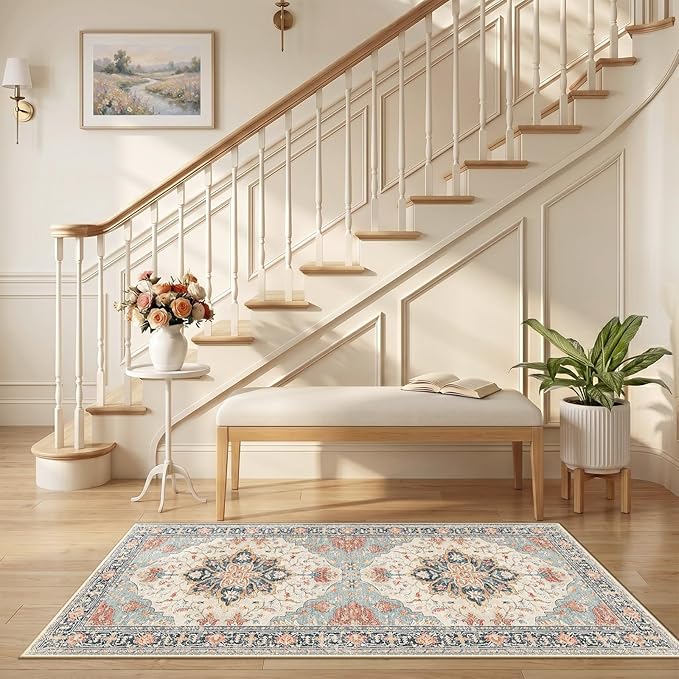 RELEANY Area Rugs Runner 2'6"x5' Washable Non-Slip, Floral Vintage Distress Medallion Carpet for Kitchen Hallway Bedroom Beside Laundry Room Bathroom, Beige Navy Blue Orange Colorful