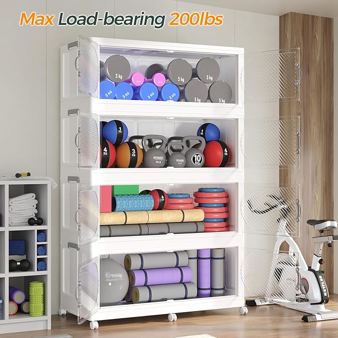 300QT Extra Large Stackable Storage Bins with Lid, 75Gal Plastic Closet Organizers and Storage Drawer, Collapsible Cabinet Box with Wheels Clear Doors for Home Kitchen Office, 5Pack White