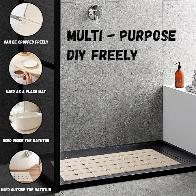 Bath Mat for Textured Tub: Silicone Bathtub Mat Foldable Shower Mat Non Slip Tub Mat No Suction Cups 28 X 17.7Inch - Beige