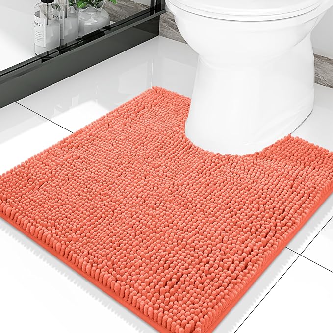 Smiry Luxury Chenille Toilet Rugs U-Shaped 20x20, Soft Absorbent Non-Slip Contour Bathroom Rugs for Toilet, Machine Washable Contoured Bath Mats, Coral