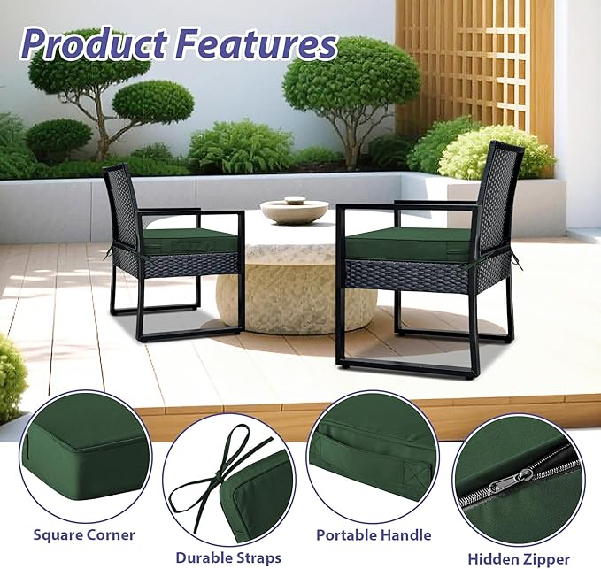 IPYNBAP Outdoor Chair Cushions Set of 4 -Waterproof Outdoor Seat Cushions for Patio Furniture, Patio Chair Cushion with Handle and Ties, Out Door Chair Pads,19x19x3-Square, Forest Green