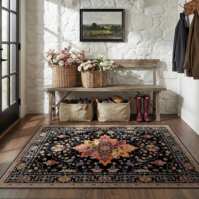 RELEANY Area Rugs 5'x8' Washable Non-Slip, Floral Vintage Distress Medallion Carpet for Living Room Bedroom Dining Room, Black Colorful Floral Dark Tan