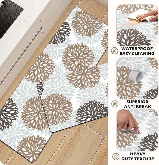 Cushioned Anti-Fatigue Kitchen Mats for Floor – Non-Slip Waterproof Memory Foam Runner, Extra Wide & Long, Comfortable Standing Mat for Kitchen, Sink, Office, Laundry, Brown Gray