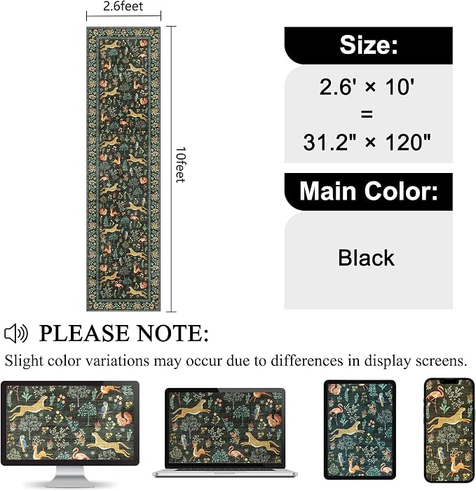 DUKINO Washable 2.6x10 Runner Rug, Non Slip Animal Print Runner Rug for Hallway, Vintage Low Pile & Stain Resistant Soft Indoor Carpet Runner for Kitchen, Bathroom, Laundry, Bedroom, Black
