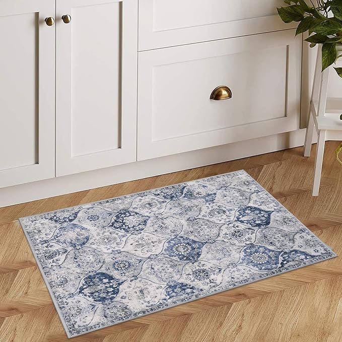 Lahome Moroccan Trellis Washable Rug, 2x3 Kitchen Rugs for Entryway Bathroom, Non-Slip Indoor Door Mat Ultra-Thin, Small Oriental Throw Carpet for Bedroom Entry Elise, White/Royal Blue