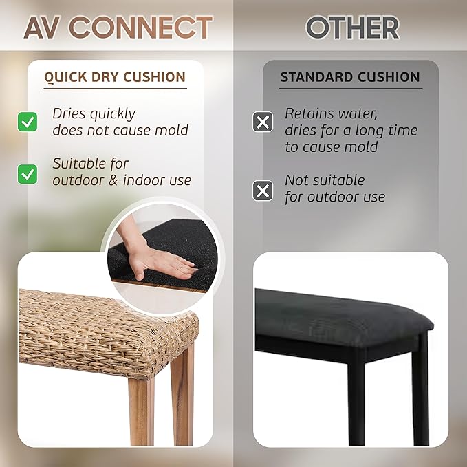 Outdoor Backless Bench, All-Weather Wicker & Solid Acacia Wood, Premium Garden Bench with Woven Rattan Seat and Thick Outdoor Cushion for Patio, Porch, Living Room or Entryway (Natural, PE Wicker)