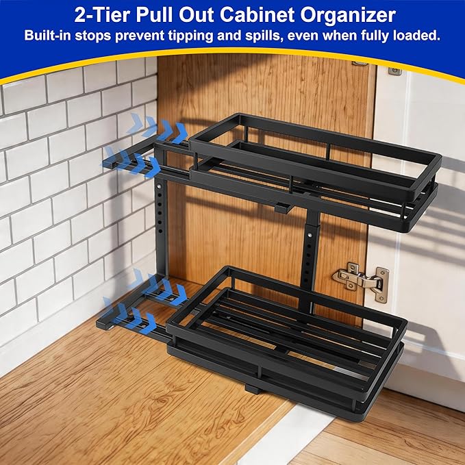 Under Sink Organizer, Dual-Rail Ball-Bearing, Under Kitchen Sink Organizer, 6-Level Adjustable, Under Cabinet Organizer, No-Drill Adhesive/Suction, Under Sink Storage (Black, Double Layer - 2 Pack)