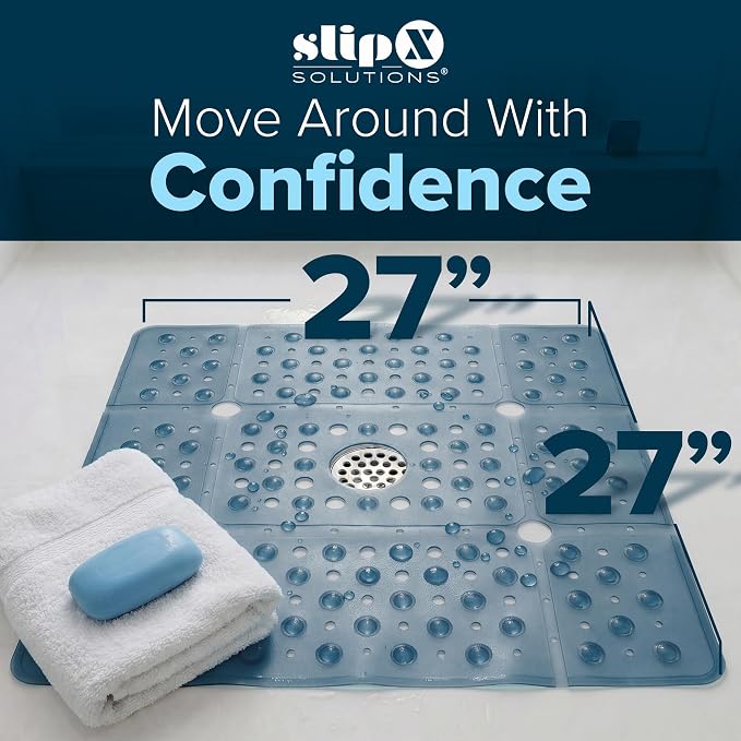 SlipX Solutions 27" Oversize Square Shower Mat, Non-Slip Mat for Elderly & Kids, 100+ Power Grip Suction Cups for Smooth Surfaces, Machine Washable, Dusty Blue