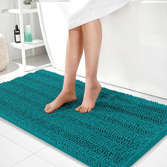 OLANLY Thick Bathroom Runner Rugs 44x24, Extra Absorbent Chenille Striped Bath Rugs, Rubber Backing, Machine Wash Dry, Long Bath Mats for Bathroom, Tub and Shower, Home Decor Accessories, Deep Lake