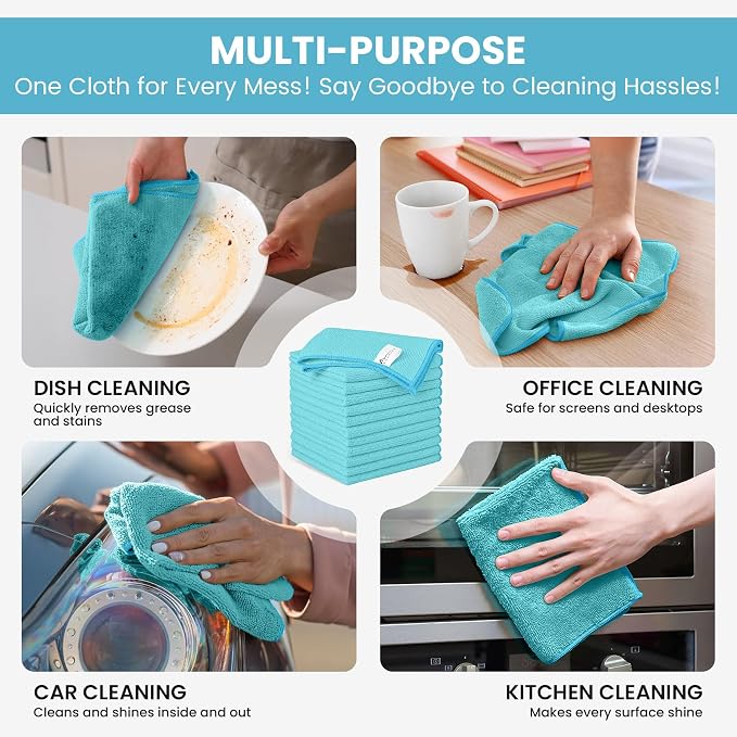 SIFANGKE Microfiber Cleaning Cloth, 12 Pack SkyBlue Cleaning Rags for Housekeeping, Reusable Microfiber Towels for Car, Kitchen, Bathroom and Household Cleaning Supplies, 11.8"X11.8"