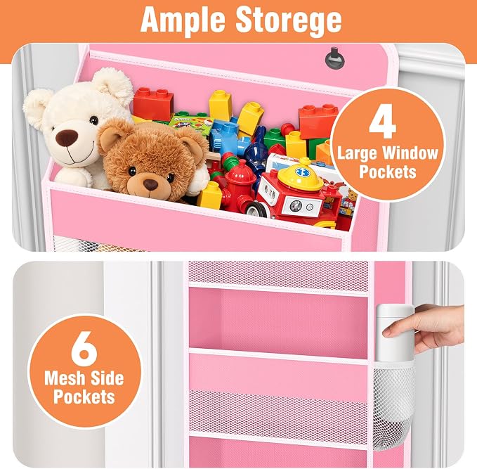 WISELIFE Over The Door Organizer Storage 4 Shelves Large Capacity Hanging Bedroom Storage Solution with 6 Side Pockets for Dorm Bathroom Pantry Nursery and Baby Essentials Holds up to 40 Lbs (Pink)