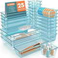 SpaceHacks 25 PCS Plastic Drawer Organizer Set, 4-Size Versatile Organizer Trays & storage Bins for Makeup, Jewelry, and Gadgets in Bathroom, Bedroom and Office, Sea Blue