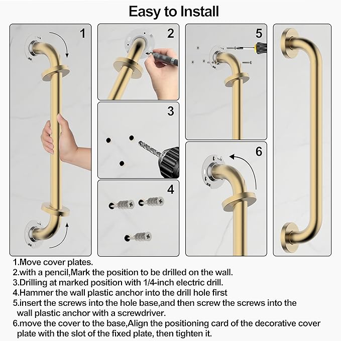 16 Inch Grab Bar 304 Stainless Steel Anti-Slip Bathroom Safety Handrail Wall Mount Assist Grip for Elderly Handicap Bathtub Shower Toilet,GB-4023-BG,Brushed Gold