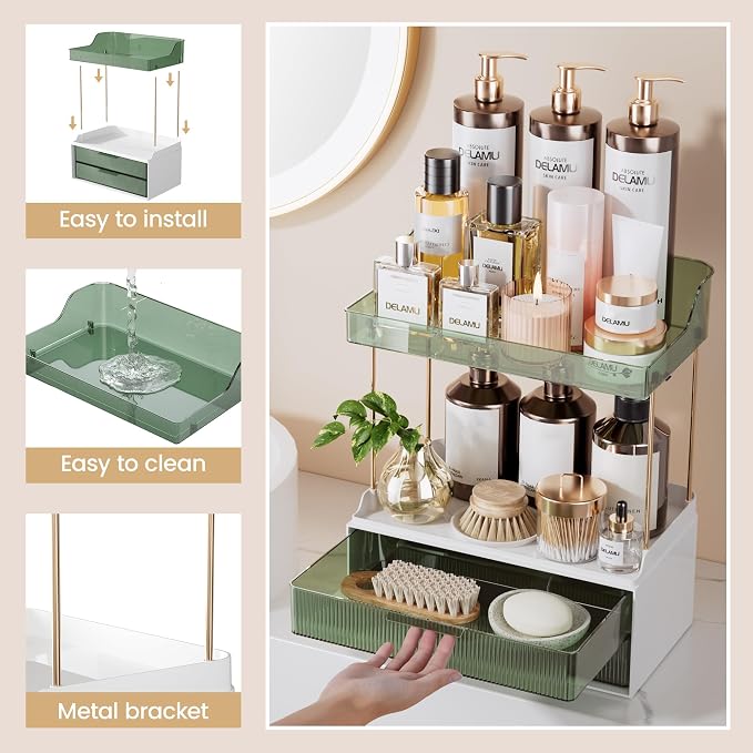 Delamu Bathroom Organizers and Storage, 2 Tier 2 Drawer Makeup Organizer Countertop, Easy to Install, Ideal for Bathroom Counter, Vanity, Ideal for Women Girls, Green