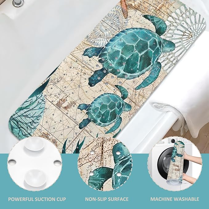 Sea Turtle Bathtub Mat Non Slip, Baby Bath Mat for Tub Rubber Tub Mat, Cute Kids Bath Mats for Bathroom Ocean Beach Anti Slip Shower Mat with Suction and Drain Holes Machine Washable, 40″X16″