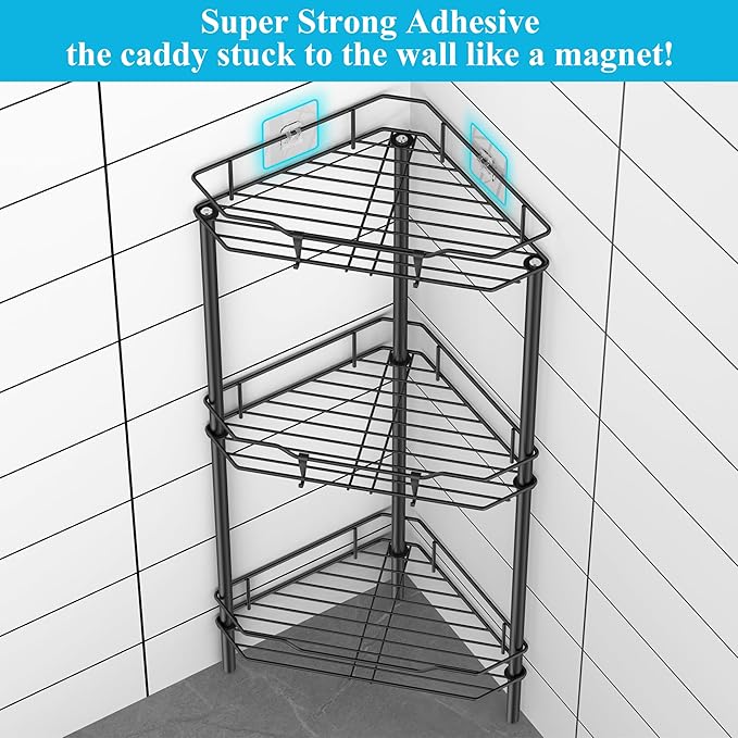 HuggieGems 3 Tier Floor Standing Corner Shower Caddy Organizer Shelf with Hooks, Bathroom Shelves Stand Rack, Black