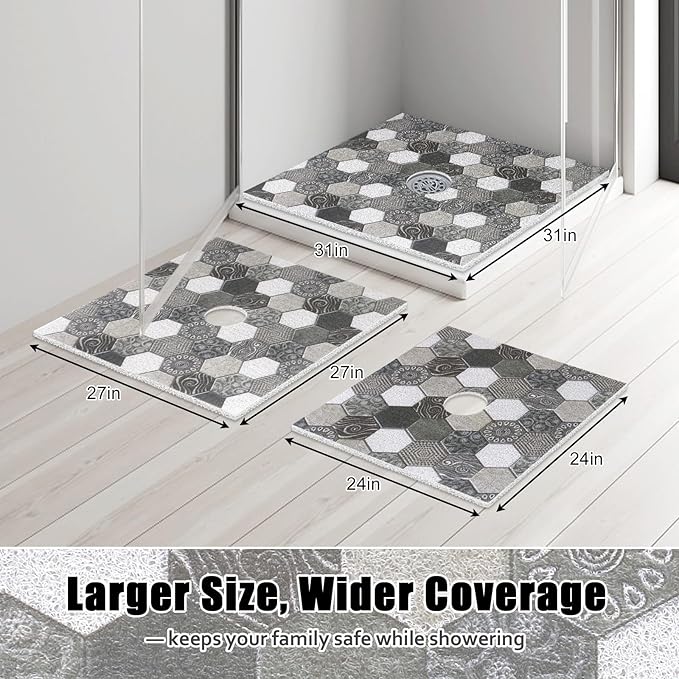 Square Shower Mat Non Slip: 24x24 Inch Shower Floor Mat with Drain Hole in Middle, Super Soft and Comfortable PVC Loofah Massage Bath Mat for Shower, Anti Slip Shower Stall Mat, Quick Drying