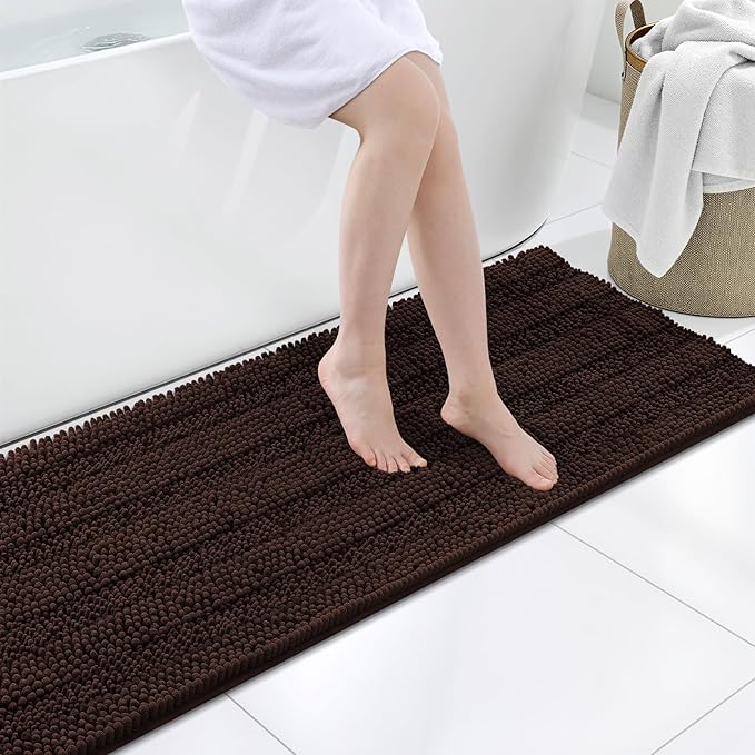 Grandaily Chenille Striped Bathroom Rugs 59x20, Extra Thick and Soft Absorbent Bath Mats, Rubber Backing, Plush Shaggy Shower Carpet, Machine Wash Dry, Bath Rug for Bathroom, Dark Brown