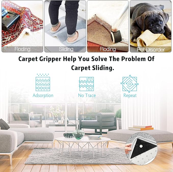 8 Pcs Rug Tape, Reusable Washable Grippers for Rugs, Double Sided Non-Slip Rug Pads for Hardwood Floors, Rug Stoppers to Prevent Sliding (Black)