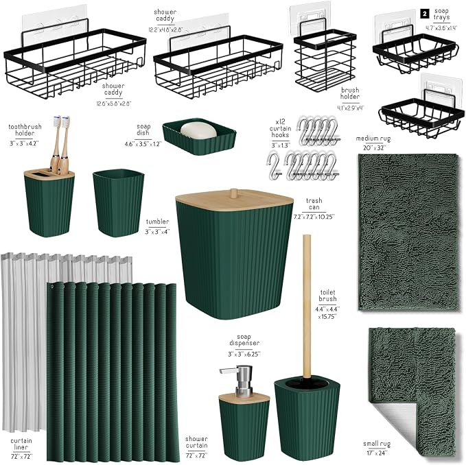 Clara Clark Bathroom Accessories Set - 27PC Bathroom Set with Adhesive Corner Shower Caddy Hanging, Bathroom Sets with Shower Curtain and Rugs, Hunter Green Shower Curtain Set with Bathroom Trash Can