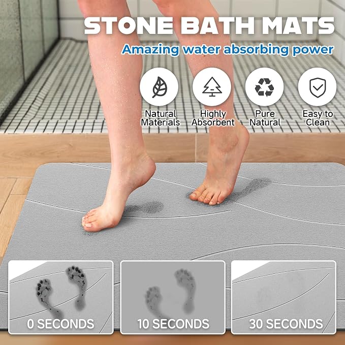 32"x20" Stone Bath Mat 2Pack, Diatomaceous Earth Shower Mat, Non-Slip Super Absorbent Quick Drying Bathroom Floor Mat, Natural, Easy to Clean (Cloudy Gray)